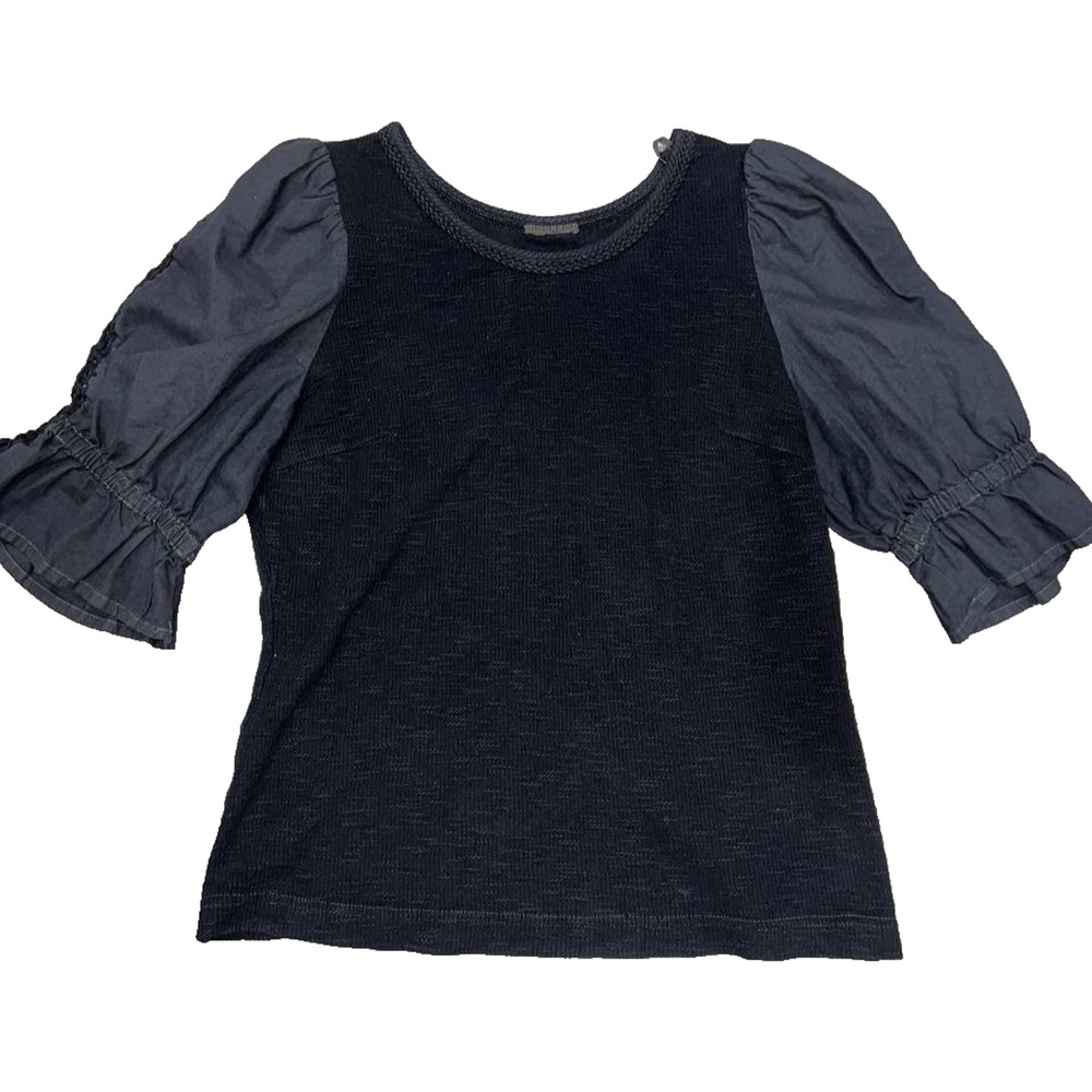 Pilcro Shirt Womens Rib Knit Henley Puff Sleeve Y2K Top Black Large A005624